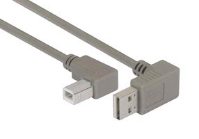 L-COM CA90DA-90LB-075M USB Cable, 90° Type A Plug to 90° Type B Plug, 750 mm, 29.5 ft, USB 2.0, Grey