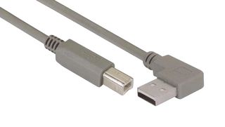 L-COM CA90LA-B-03M USB Cable, 90° Type A Plug to Type B Plug, 300 mm, 11.8 ft, USB 2.0, Grey