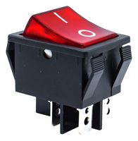 E-SWITCH R5BBLKREDFF2 Rocker Switch, Faston Tab, On-Off, DPST, Illuminated, Panel, Snap-In, Red, R5 Series