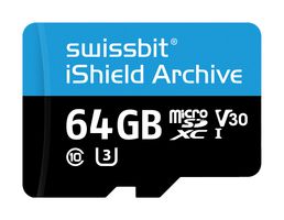 SWISSBIT SFSD064GN1PT1TB-I-7G-07P-SW6 Flash Memory Card, 3D pSLC, MicroSDXC Card, UHS-I, Class 10, Video Class 30, 64 GB