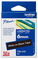 BROTHER TZE-315 Label Printer Tape, Adhesive-Laminated, White on Black, 8 m x 6 mm