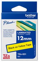BROTHER TZE-631 Label Printer Tape, Adhesive-Laminated, Black on Yellow, 8 m