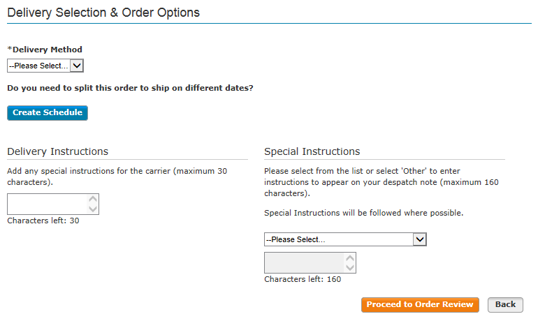 Delivery Selection & Order Options